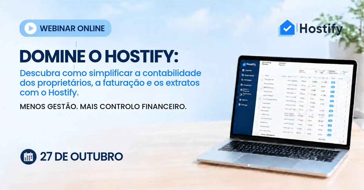 Banner do webinar Domine o Hostify: simplifique a contabilidade dos proprietários, a faturação e as liquidações, 27 de outubro de 2026