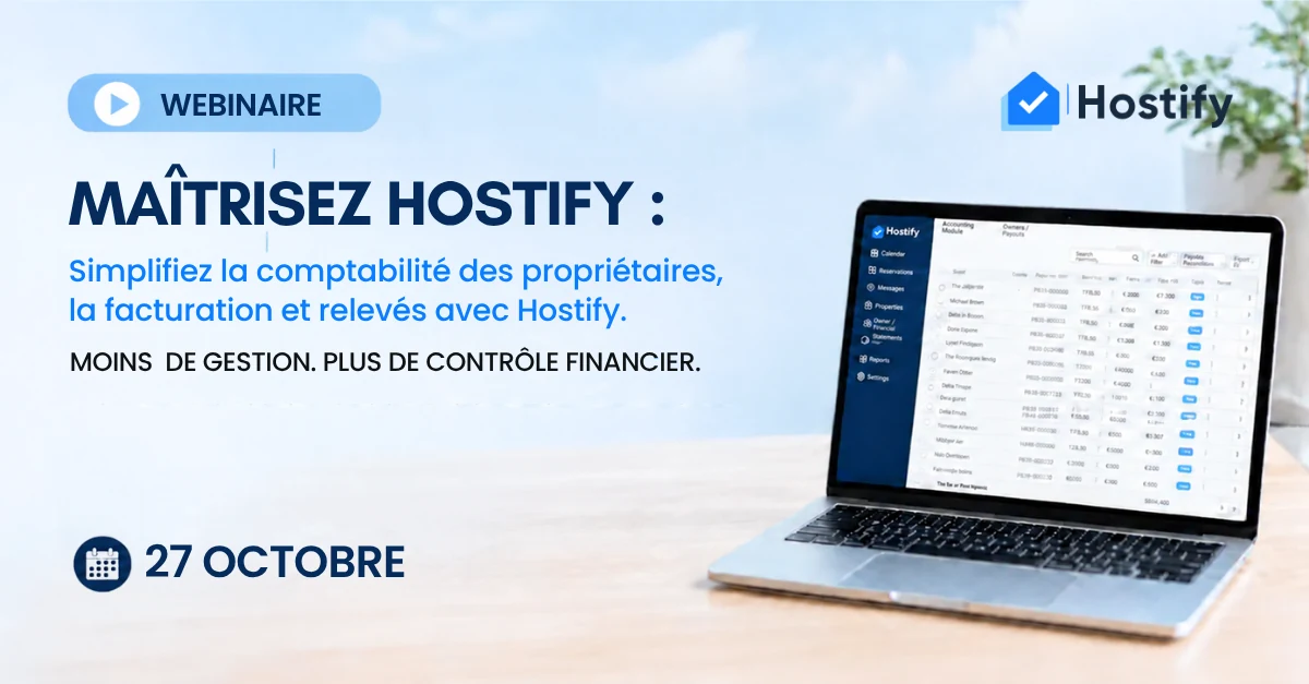 Bannière du webinaire Maîtrisez Hostify : simplifiez la comptabilité des propriétaires, la facturation et les relevés, 27 octobre 2026