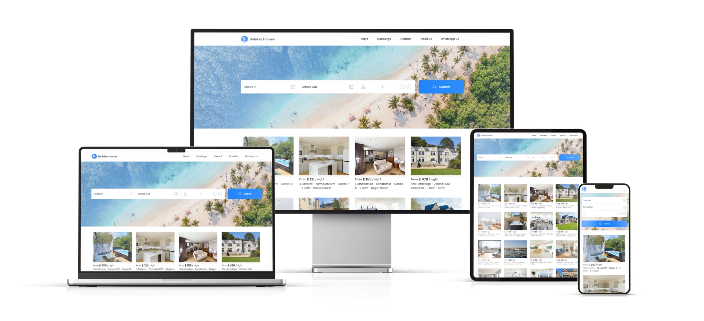 Hostify booking website shown on desktop, laptop, tablet and phone
