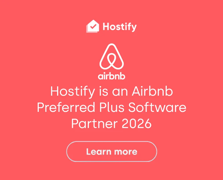 Hostify is an Airbnb Preferred Plus Software Partner 2026, featuring Airbnb logo and Learn more button on coral background