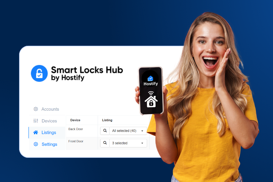 Woman in yellow top gesturing excitedly next to Smart Locks Hub interface showing access control settings on dark blue background