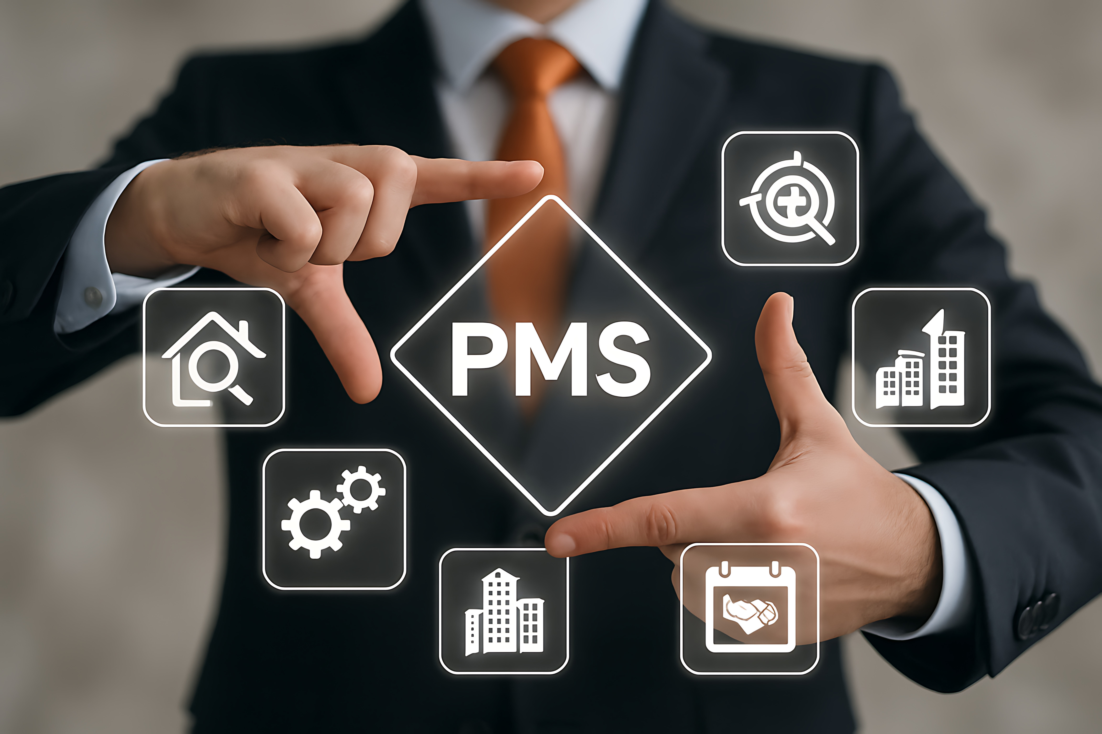 Property manager holding PMS icon surrounded by property management software feature symbols including analytics, automation and reporting tools