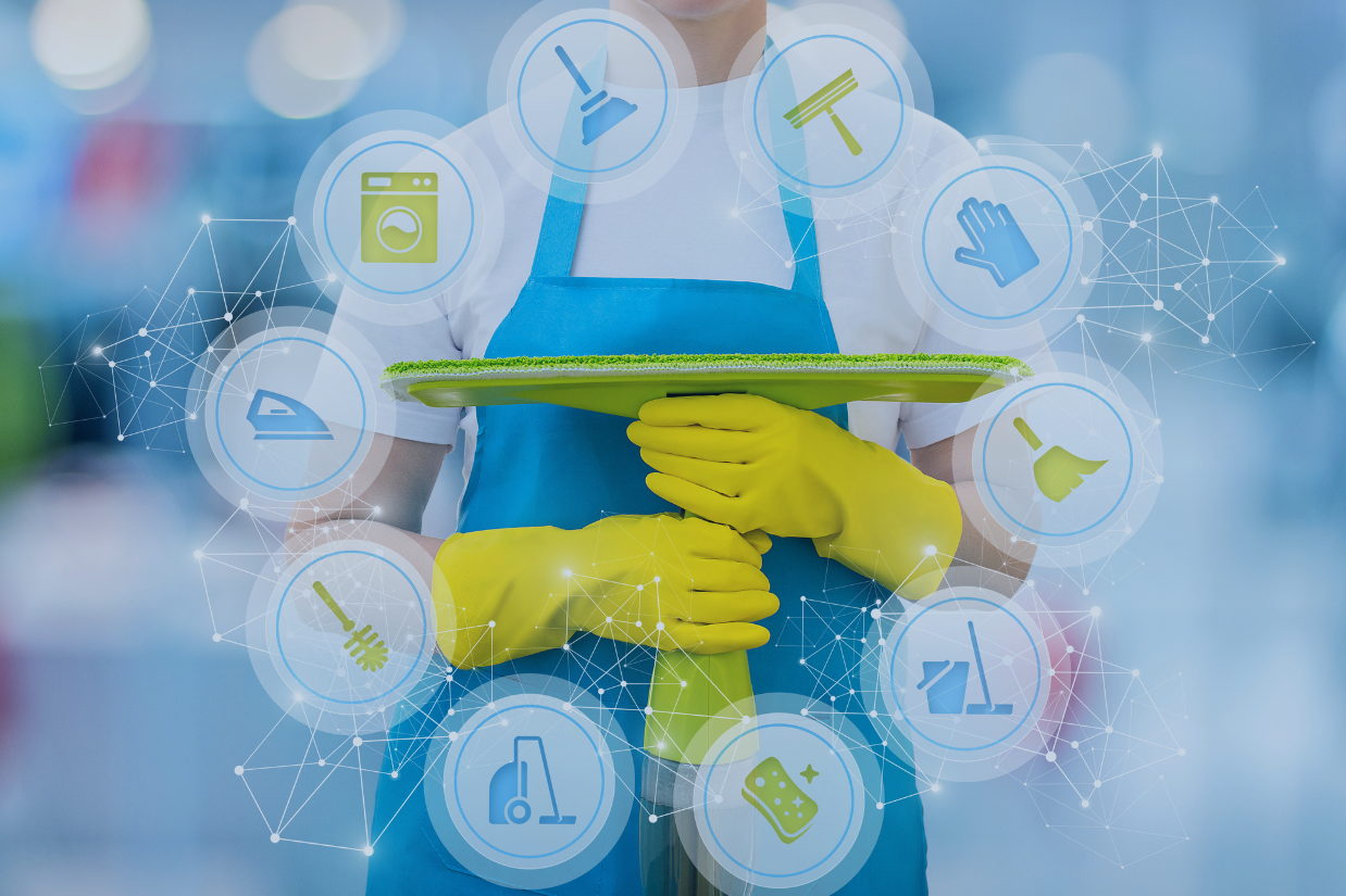 Property manager using Airbnb cleaning app on tablet with illustrated icons for scheduling, tasks and property management features