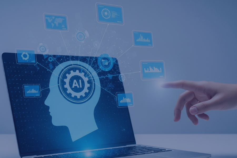 Laptop displaying AI-powered property management interface with head profile icon and digital icons, hand reaching toward screen