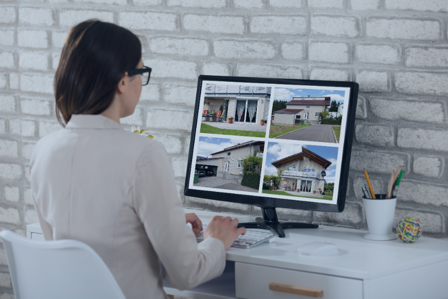 Anfitrião a gerir propriedades Airbnb remotamente através de software de gestão num computador