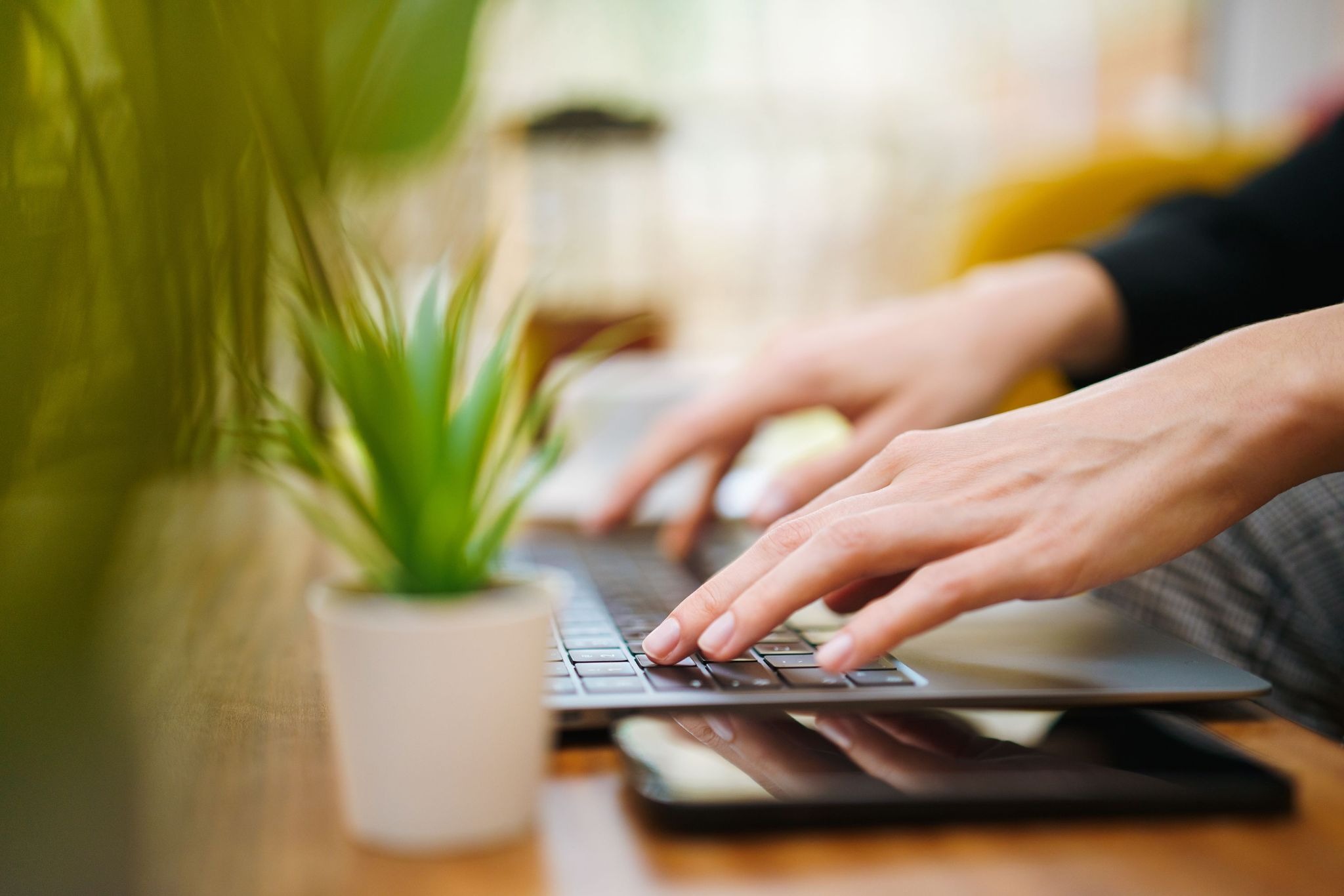 Anfitrión escribiendo en teclado junto a planta de oficina y dispositivos