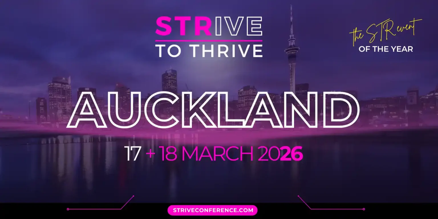 STRIVE to Thrive conference Auckland 17 March 2025, event banner with purple cityscape background