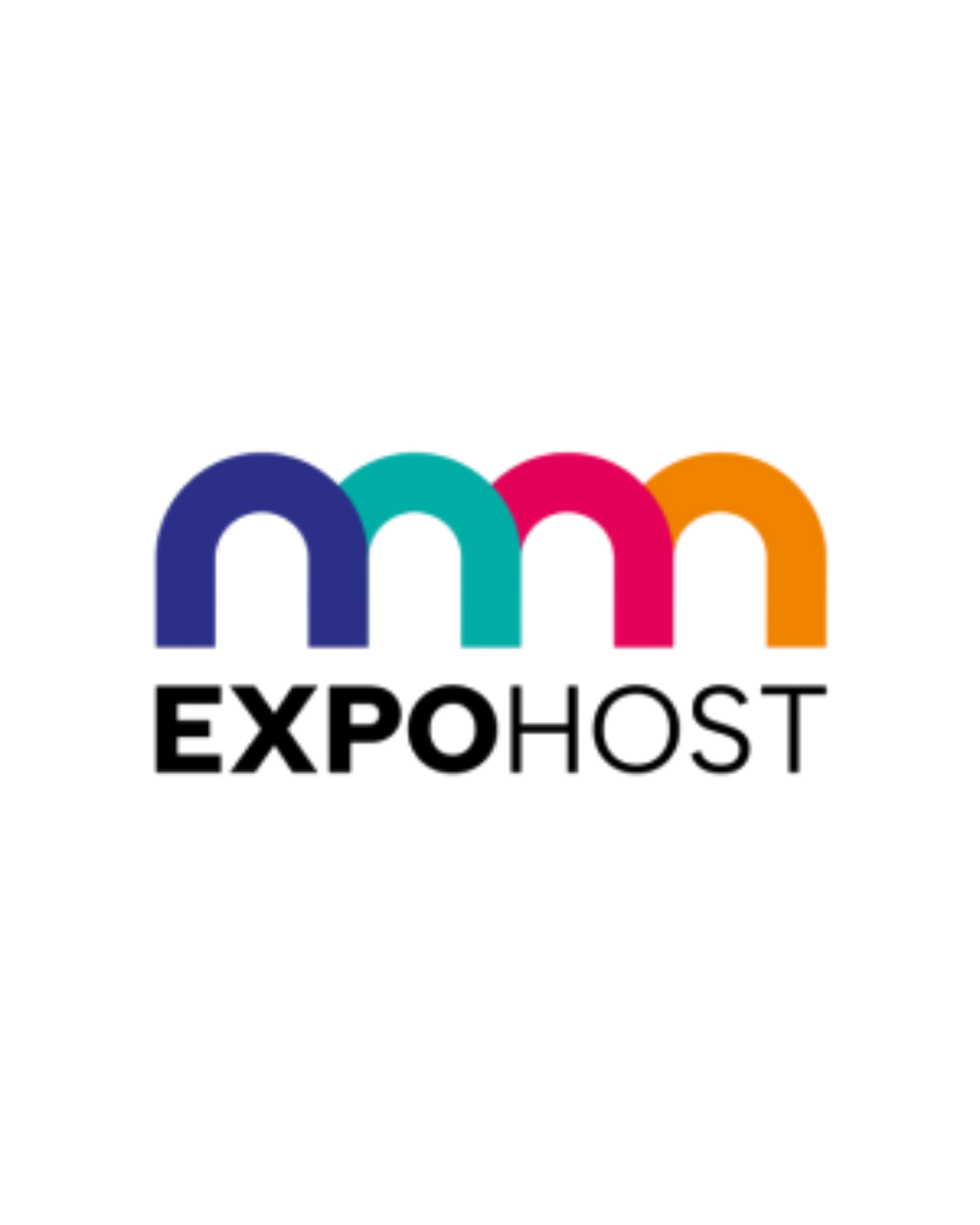 EXPOHOST logo featuring four coloured arches in blue, teal, pink and orange above black text reading EXPO HOST