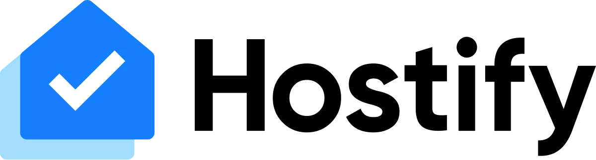 Hostify logo featuring blue house icon with white checkmark and black text