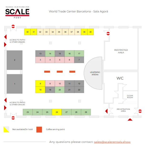Exhibition floor plan for SCALE Barcelona 2026 event showing booth locations, amenities and facilities including WC.