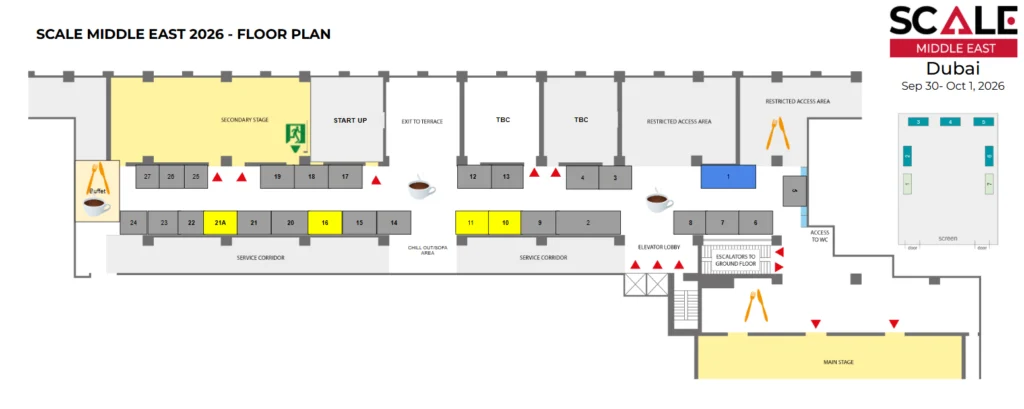 Floor plan of SCALE Middle East 2026 venue showing exhibition layout with highlighted booth areas in yellow and facilities marked throughout the space.