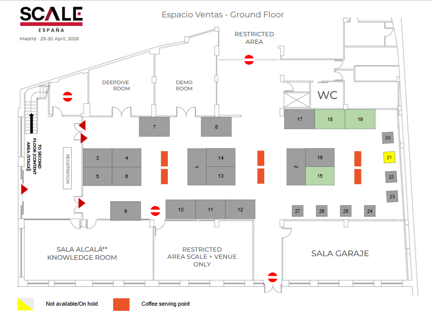 Floor plan of SCALE España 2026 event venue showing exhibitor booths, registration area, and facilities layout