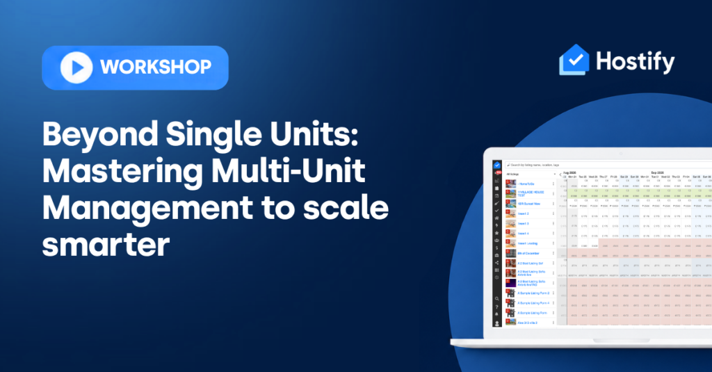 Hostify workshop banner displaying multi-unit property management dashboard with pricing spreadsheet and colour-coded inventory data
