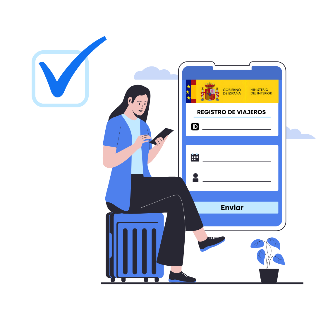 Woman using mobile phone to complete guest registration form displayed on smartphone screen, with checkmark and luggage icons indicating booking confirmation