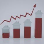 Illustration showing rising house bars with an upward arrow representing How Dynamic Pricing Works for Airbnb and increasing rental revenue.