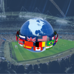 Stadium filled with fans during an international soccer match with a globe surrounded by national flags, representing World Cup short-term rentals demand across host countries.