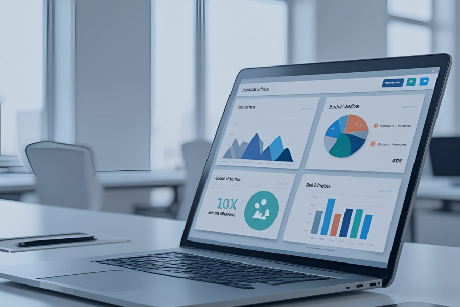 Relatórios de receitas utilizando software de gestão apresentados num dashboard com métricas e análise financeira