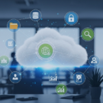 Advantages of cloud-based management platforms illustrated with cloud technology connecting data, security, analytics, and communication tools
