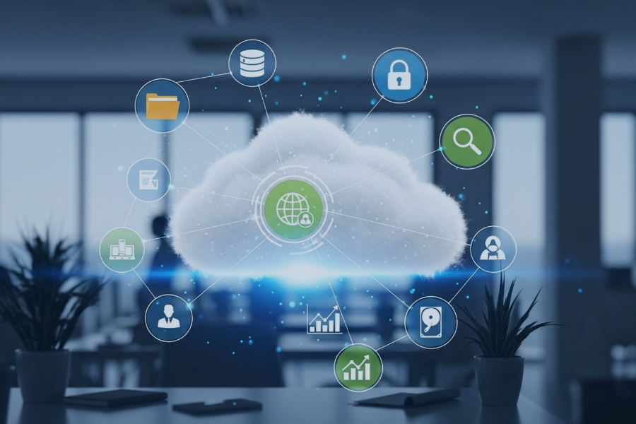 Ventajas de las plataformas de gestión basadas en la nube representadas con un sistema cloud conectado a herramientas de datos, seguridad, comunicación y análisis.