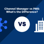 Comparison graphic showing Channel Manager versus PMS with network icon on left and building icon on right separated by VS symbol