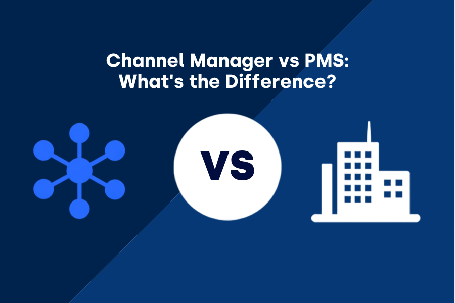 Comparison graphic showing Channel Manager versus PMS with network icon on left and building icon on right separated by VS symbol