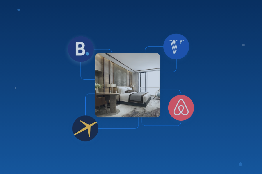 Chambre d'hôtel moderne connectée à des plateformes de réservation Airbnb, Booking.com et Vrbo via un channel manager