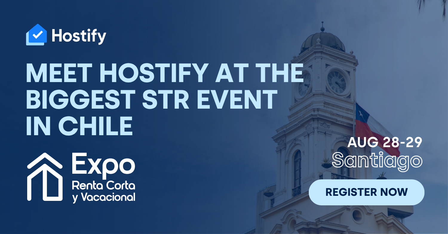 Hostify promotional banner for Expo Renta Corta y Vacacional in Santiago, Chile, 28-29 August, featuring historic clock tower and register button.
