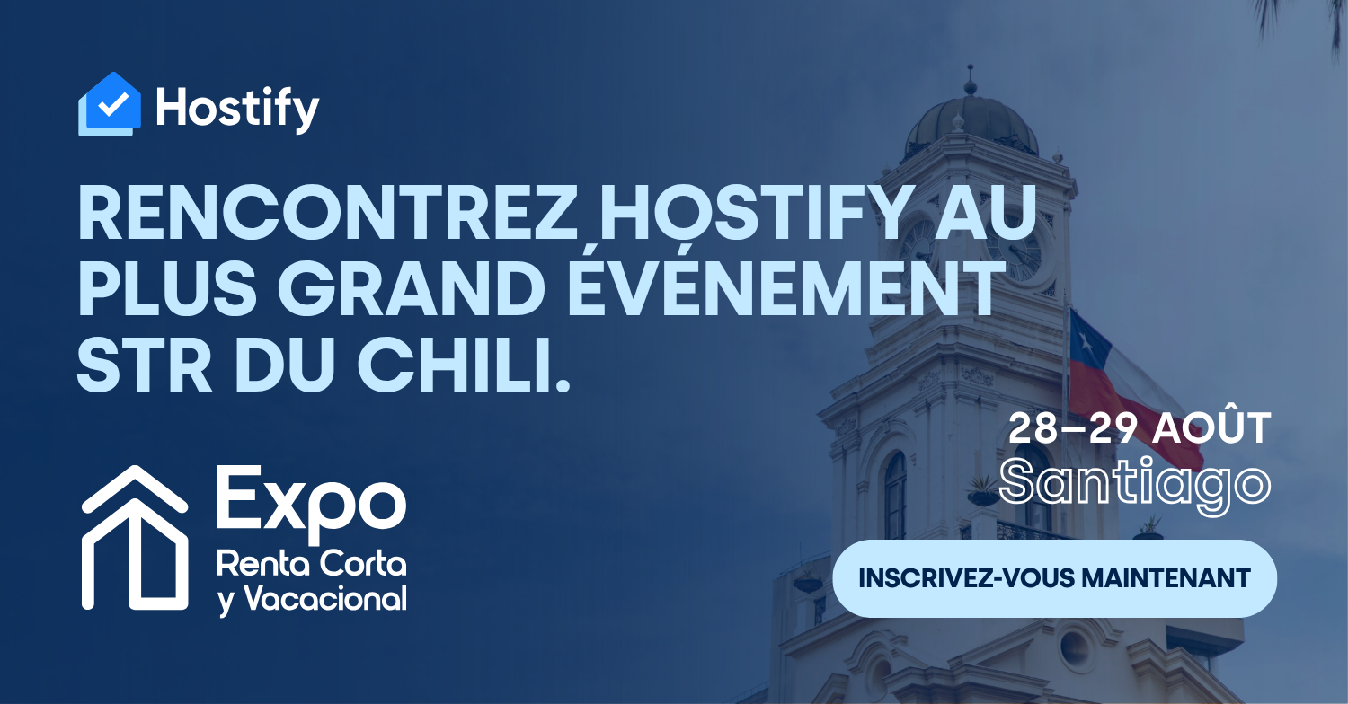 Logo Hostify et affiche pour l'Expo Renta Corta y Vacacional 28-29 août à Santiago du Chili