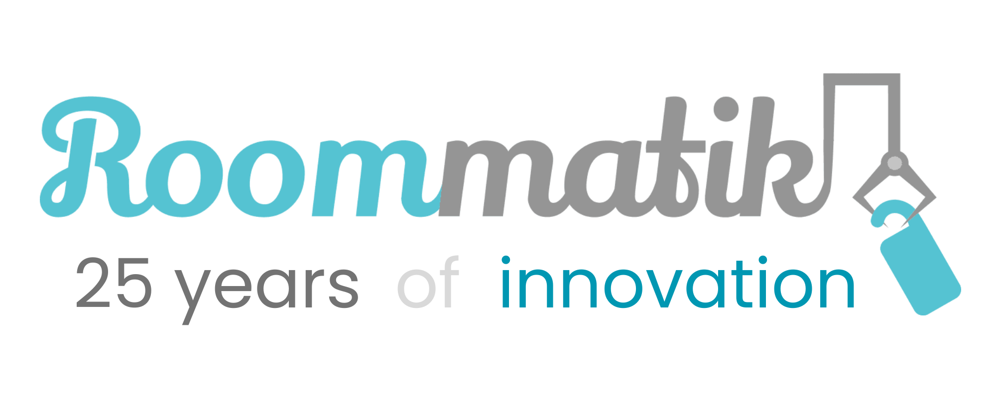 Roommatik logo with "25 years of innovation" tagline and hanging room key icon