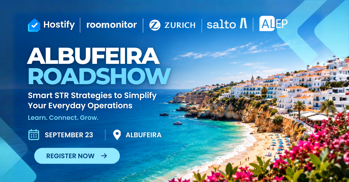 Albufeira Roadshow promotional banner featuring coastal cliffside village with beach, announcing smart short-term rental strategies event on September 23