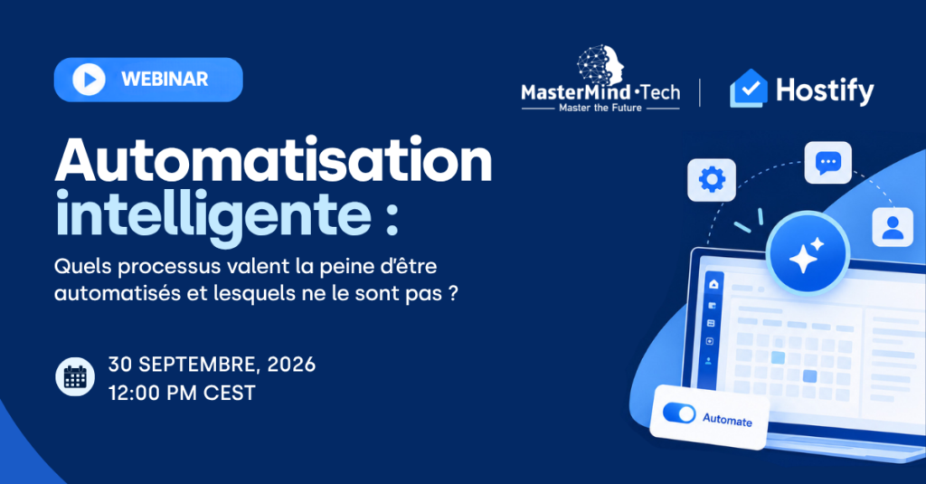 Affiche de webinaire Hostify et MasterMind Tech sur l'automatisation intelligente, le 30 septembre 2026 à 12h00 CEST