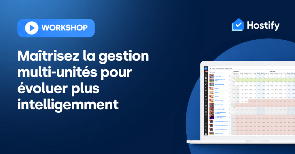 Tableau de bord Hostify affichant la gestion multi-propriétés avec calendrier de réservations et liste de locations