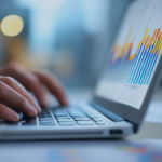 Persona analizando gráficos de rendimiento en portátil con datos de reservas y ganancias