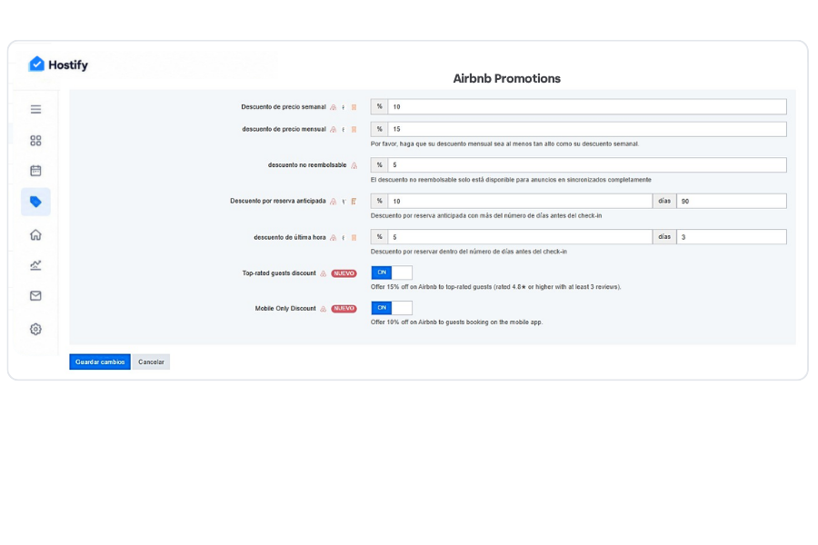 Hostify Airbnb Promotions dashboard showing discount configuration options for seasonal pricing, minimum stay requirements, and guest incentives