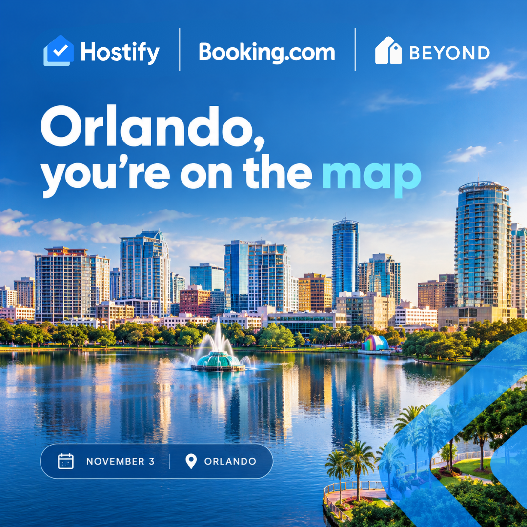 Orlando waterfront skyline with high-rise buildings, fountain and lake, promoting Hostify vacation rental management platform