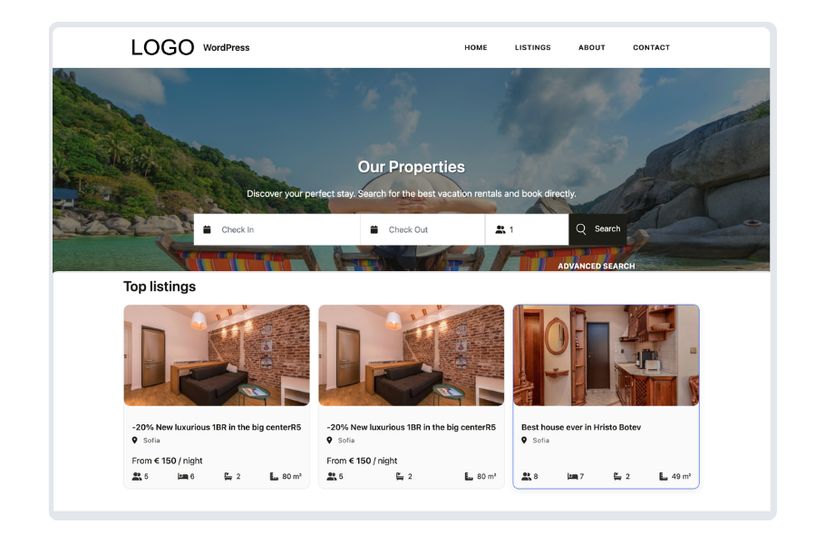 WordPress property management website homepage showing search interface for vacation rentals with featured listings including modern apartments in Sofia